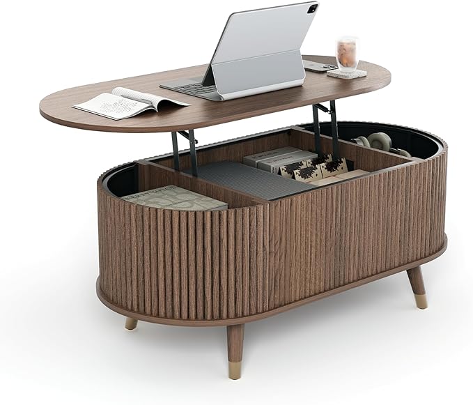 42.5" Oval Lift Top Coffee Table with Storage, Mid Century Modern Walnut Center Table with Fluted Design, Solid Wood Legs & Hidden Compartment, Pop Up Cocktail Table for Living Room