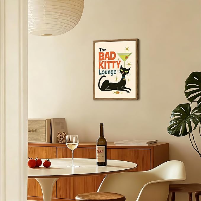 Mid Century Modern Cat Wall Art Bad Kitty Lounge Wall Decor Painting, Vintage Martini Cat Poster Canvas Print Picture for Bar Living Room Bedroom 16x24 inch Wood Framed