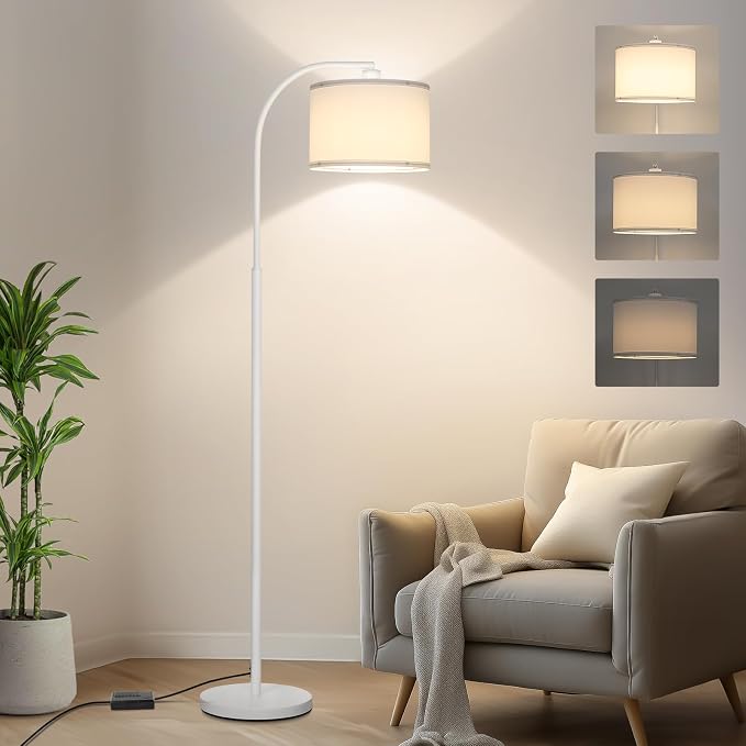 Floor lamps for Living Room, White Arc Floor Lamp with Stepless Dimmer, Modern Standing Lamp with Adjustable Drum Shade, Tall Pole Lamp for Bedroom Study Room Office, 9W 3000K LED Bulb Included
