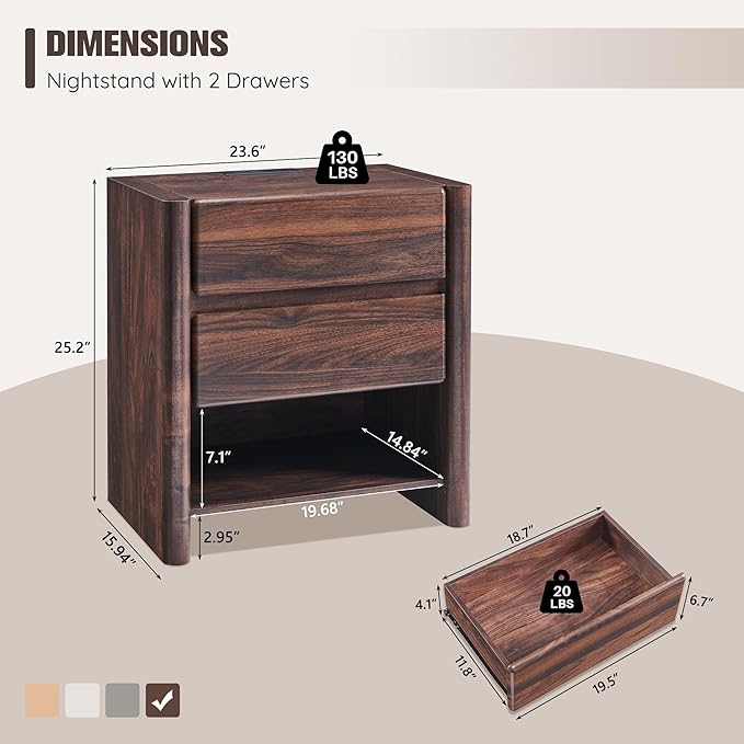 25" Tall Modern Nightstand with Charging Station, 23.6" W Nightstand with 2 Storage Drawers & Open Shelf, Wood Night Stand w/Rounded Corner Design for Bedroom, Living Room (Brown)