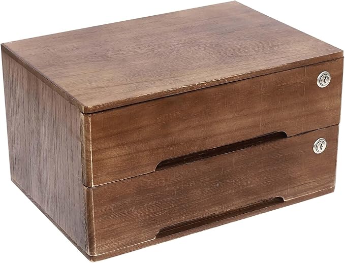 Desktop File Organizer with Lock, 2/3/4 Tier Multi-Drawer Wooden Storage Cabinet, Office Supply Organizer for Home Desk, Study & Workplace (Walnut, 2 Layers)