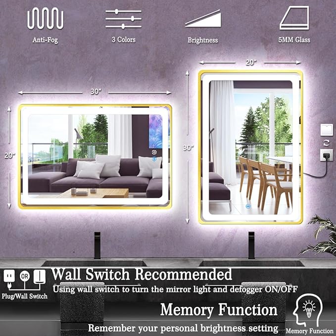20 x 30 Inch Gold Vanity Mirror with Lights Gold Frame Lighted mirror for Bathroom Horizontal/Vertical Wall Mounted Tabletop LED Makeup Mirror with Light Smart Memory 3 Color Dimmable AntiFog