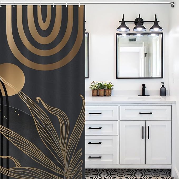 Dark Black Gold Shower Curtains,Mid Century Abstract Tropical Plant Minimalist Modern Geometric Palm Leaf Simple Waterproof Fabric Bathroom Shower Curtain Set with Hooks,72x72Inch (183x183cm)