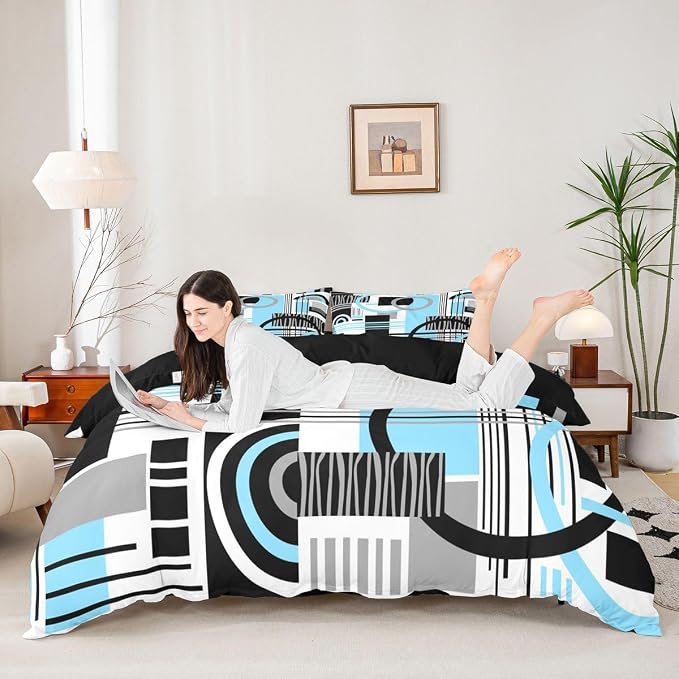 Art Deco Mid Century Duvet Cover Set Retro Modern Abstract Geometric Full Size Bedding Sets for Tween Boys Girls Black and White Sky Blue Circles Stripes Comforter Cover Contemporary Bed Set