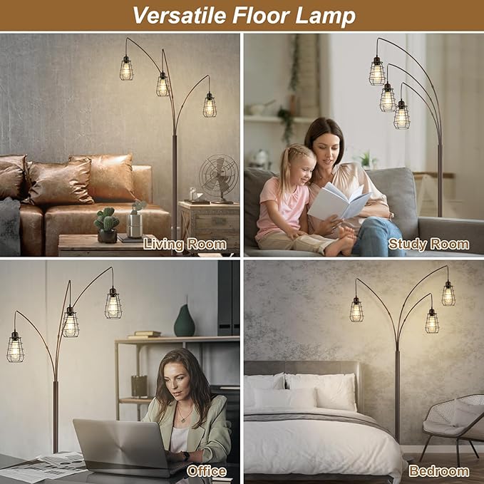 Industrial Floor Lamp, 3 Light Arc Floor Lamps for Living Room, 76 Inch Tall Standing Lamp with Metal Cage Shades & Foot Switch, Vintage Floor Lamp for Bedroom, Office, Corner, Bronze