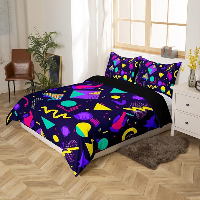 80s Bedding Set Memphis Pattern Old Fashion Comforter Cover,Vintage 90s Memphis Style Duvet Cover Abstract Geometric Pattern Retro Bed Set Full,Rainbow Urban Modern Circles Triangle Room Decor