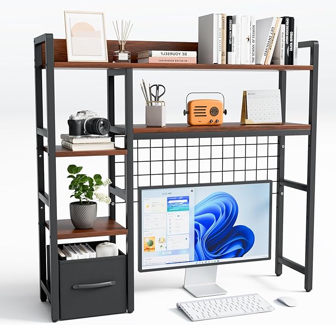 4- Tier Desk Shelf, Wooden Desktop Organizer Shelf with Grid Panels,Home Dormitory Office Computer Desk Bookshelf Storage Rack,Office Desk Bookshelf with a Woven Drawer,Black,38.6" Wide