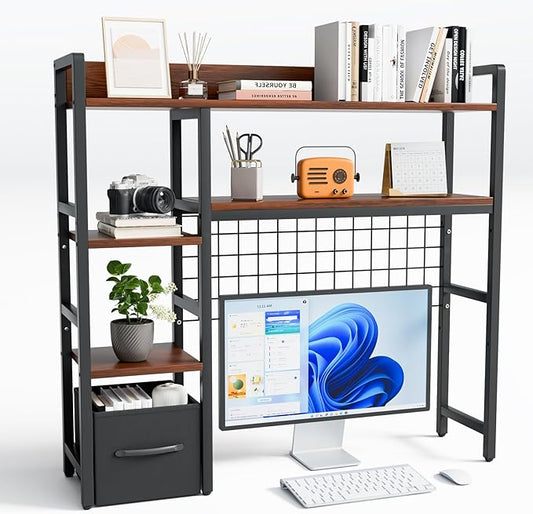 4- Tier Desk Shelf, Wooden Desktop Organizer Shelf with Grid Panels,Home Dormitory Office Computer Desk Bookshelf Storage Rack,Office Desk Bookshelf with a Woven Drawer,Black,38.6" Wide