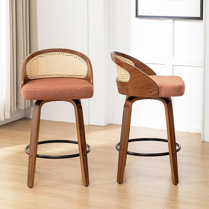 30" Swivel Rattan Bar Stools Set of 2,Mid-Century Modern Orange Linen Fabric Upholstered Counter Height Stools,Kitchen Island Barstools with Rattan Low Backrest,Walnut Wood Finish Bar Chair