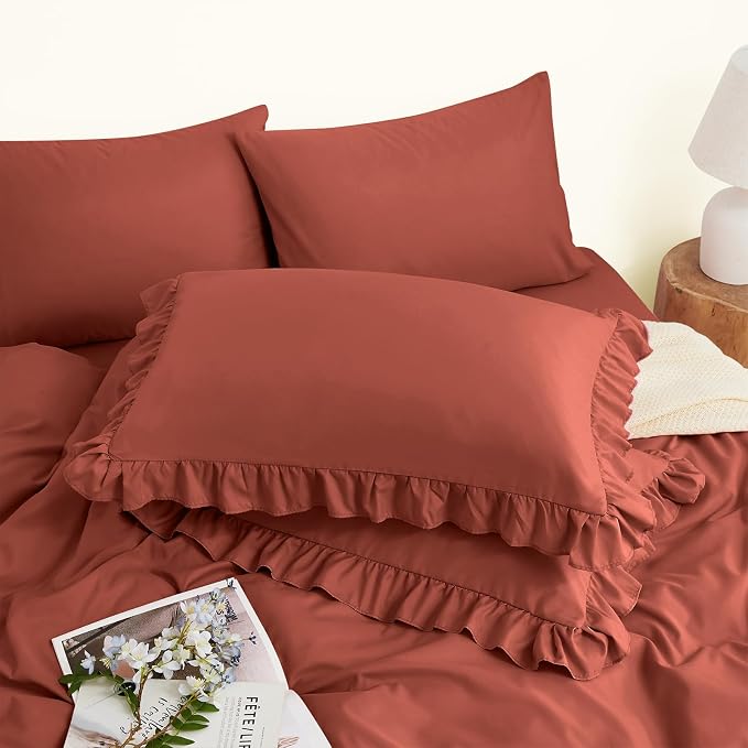 Horbaunal Terracotta Ruffle Sheets Twin Size 4 Piece, Fits 16" Deep Mattress, Microfiber Rust Twin Sheets with 1 Ruffled Pillowcases, Shabby Chic Bed Sheet Set