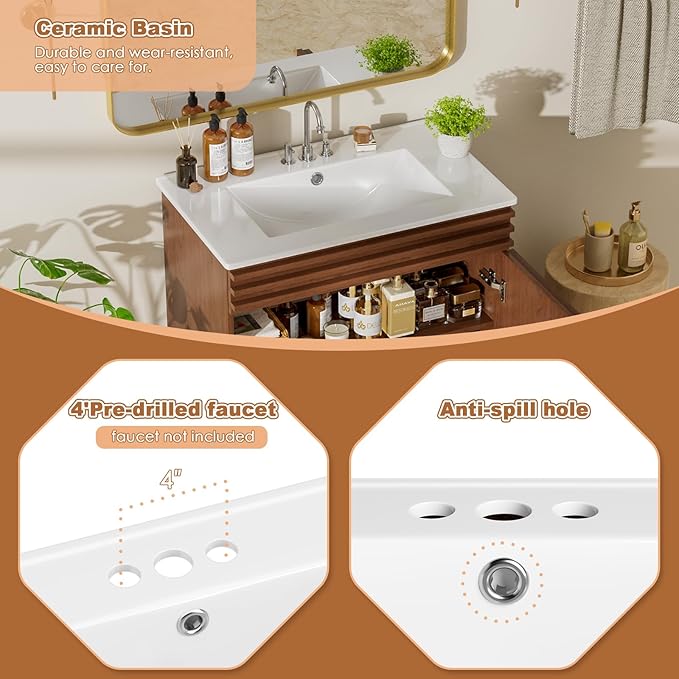 ROOMTEC 30" Bathroom Vanity with Sink, Mid-Century Freestanding Bathroom Vanity Sink with Storage, Undermount Ceramic Sink, Particleboard Frame with Wood Grain Laminate, Walnut