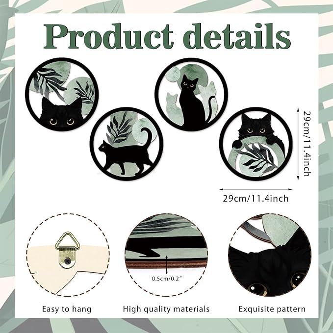 TOARTi 4PCS Boho Black Cat Wooden Wall Art,Sage Green Cats Round Wall Decor,Bohemian Green Plant Hanging Art,Minimalist Botanical Kitty Artwork for Farmhouse Bedroom Living Room Black Cats Room Decor