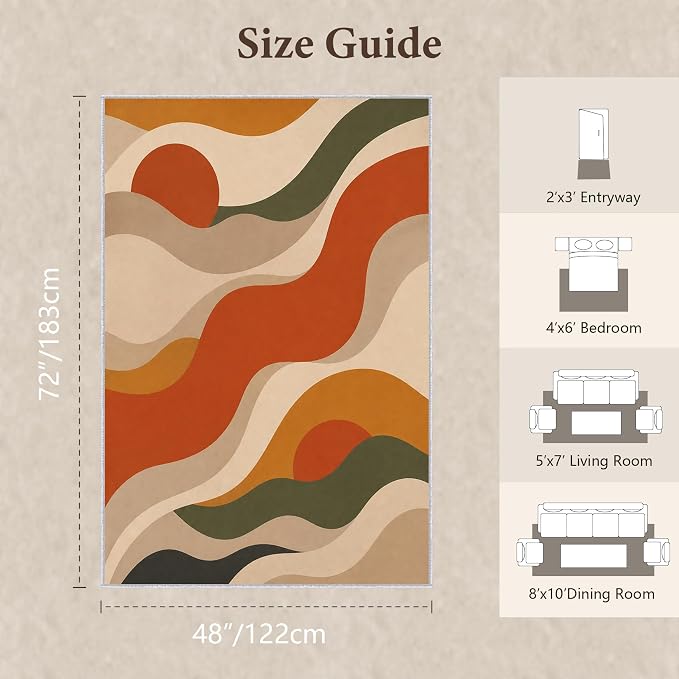 Burnt Orange Abstract Area Rug 4x6, Mid Century Modern Wave Rug, Retro Wavy Geometric Washable Low Pile Non Slip Rug for Living Room Bedroom