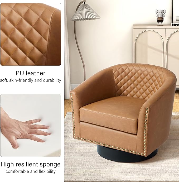 Swivel Barrel Accent Chair, Comfy Modern Upholstered Round Faux Leather Arm Chair for Living Room, Bedroom（Coffee, Set of 1