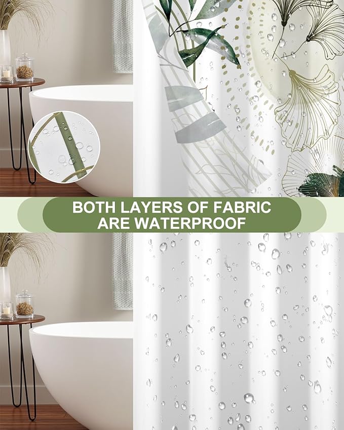 No Hook Shower Curtain with Snap in Liner Set, Abstract Green Botanical Leaf Print Shower Curtains for Modern Boho Bathroom, Mesh Top Waterproof Double Layer Bath Curtain, 71x74 Inch