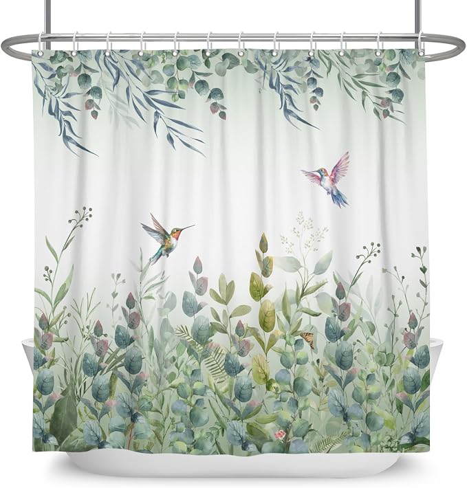 Green Leaf Shower Curtain Colourful Bird Eucalyptus Bathroom Curtain Plant Leaves Botanical Hummingbird Spring Summer Shower Curtain Sets for Bathroom Extra Long 72x84 in with 12 Hooks