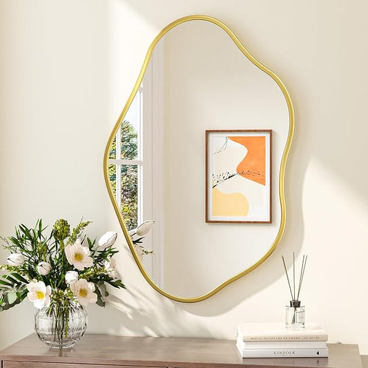 Keonjinn Gold Irregular Mirrors for Wall 24" x 36" Inch, Asymmetrical Metal Frame, Tempered Glass Decorative Mirror for Bathroom, Bedroom, Living Room, Entryway(Horizontal/Vertical)