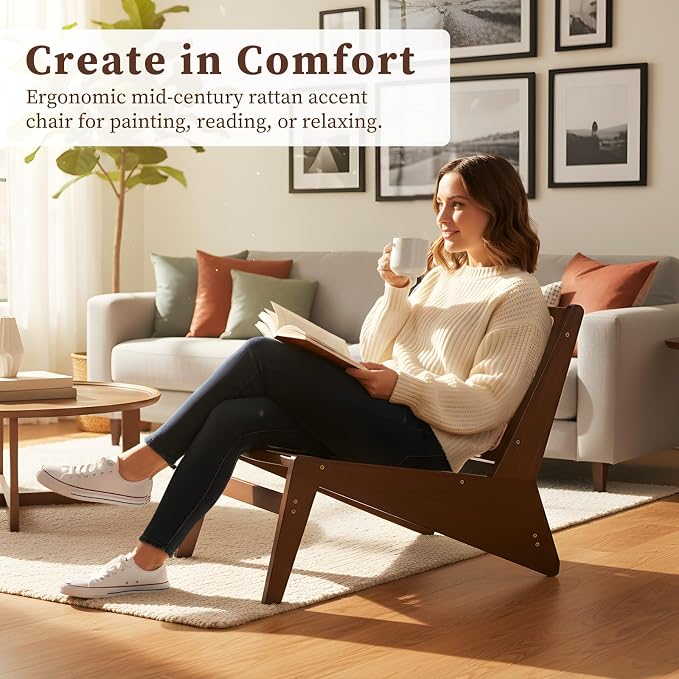 Furlide Mid-Century Accent Chair, Rattan Lounge Chair for Living Room, Boho Side Corner Comfy Chair for Bedroom and Balcony, Walnut