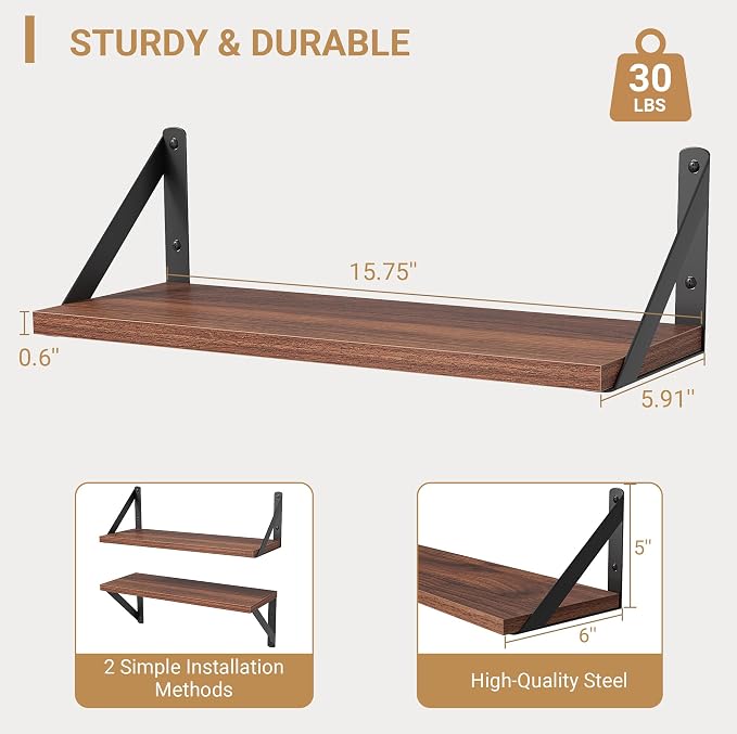 Heimlove Floating Shelves for Wall, 16 Inch Long Wood Floating Shelves Set of 3, Wall Mounted Hanging Shelf for Bathroom Bedroom Kitchen, Walnut