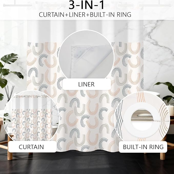 No Hook Shower Curtain with Snap in Fabric Liner Set - Modern Geometric Curve Design, Waterproof Double Layers with Beige & Blue Line for Bathroom Decor, See Through Top Window, 71x74 Inch