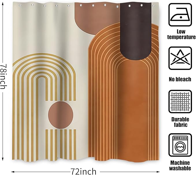 Mid Century Modern Extra Long Shower Curtain, Boho Brown Abstract Arch Machine Washable Waterproof for Bathroom Bathtub with 12 Hooks 72Wx78H