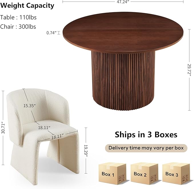 NORDICANA 3-Piece Round Dining Table Set for 2, Rustic 47-Inch Kitchen Table and Chair Set, Dining Set with Off White Upholstered Armchairs, Manufactured Wood Top with Walnut Veneer