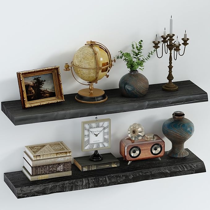 SAUMONIERES Live Edge Floating Shelves for Bedroom Living Room Wall Mounted Storage Long Natural Elm Wood Shelf Large Heavy Duty 8 Inch Deep, 36 inch Set of 2 Black Floating Shelves