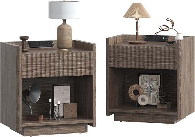 Bigbiglife Fluted Nightstand Set of 2 with Charging Station, 22" Modern Side Table with Drawer End Table with Open Storage, Bedside Table for Bedroom, Living Room, Natural Oak (2, Dark Walnut)