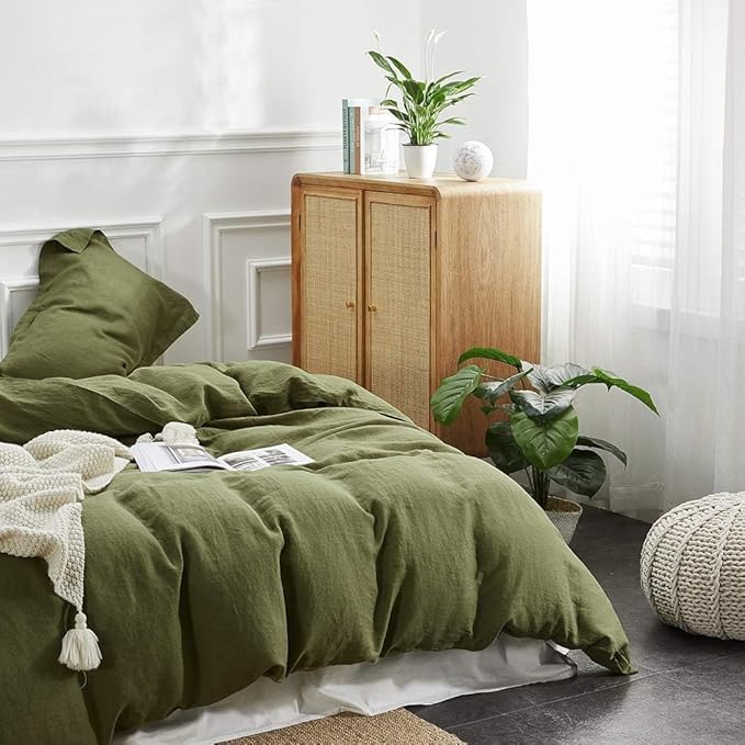 Simple&Opulence 100% Linen Duvet Cover Set, 3 PCS Olive Green Duvet Cover California King Size, Breathable Soft Comfy Linen Bedding Comforter Cover with 2 Pillowcases(Olive Green, 104"x98")