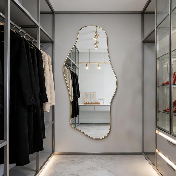 Large Irregular Mirror, 55"x25.6" Gold Asymmetrical Mirrors, Abstract Full Length Mirrors with Metal Frame, Cloud Shaped Mirror for Living Room Bathroom Bedroom Hallway Entryway Fireplace