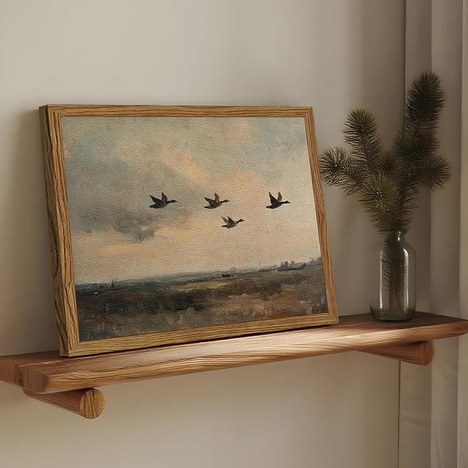 Vintage Flying Duck Wall Art, Rustic Landscape Wall Decor Retro Bird Painting Nature Wilderness 3D Textured Hand Drawn Sandstone Artwork Aesthetics for Bedroom Living Room 12x16 inch Wood Framed
