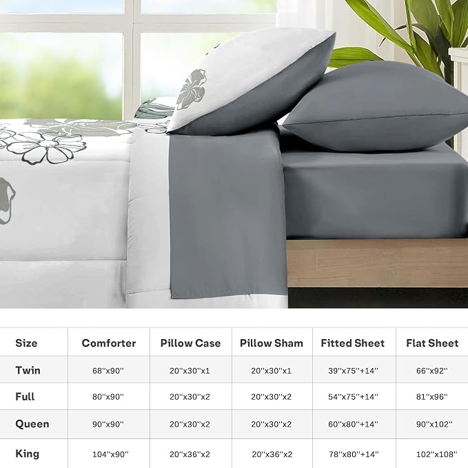 Nesker 7 Pcs Comforter Set King Size, Vintage Flowers Bedding Set for Kids and Adults, Farmhouse Floral Line Bed Sheet Sets with Fitted Sheet 2 Pillowcases & 2 Shams
