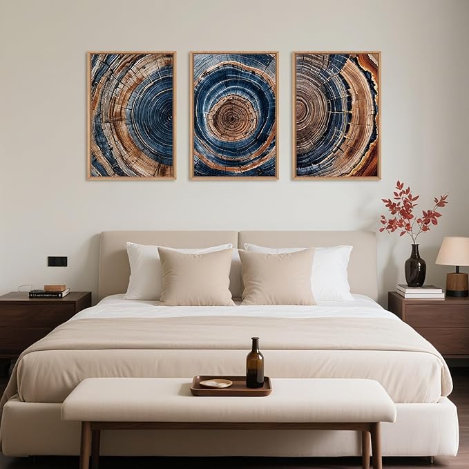 Colorful Tree Rings Framed Canvas Wall Art Set,Abstract Blue and Brown Wood Grain Wall Decor,Nature Modern Annual Ring Texture Artwork for Living Room,Bedroom-16 x24 x3