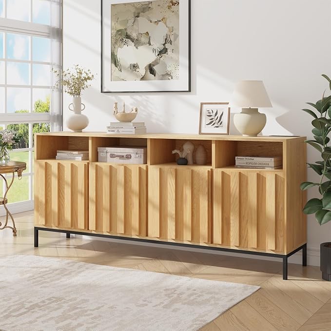 COCO DESIGN 70" Buffet Sideboard Cabinet with Fluted Panel Doors, Large Credenza Console with Power Outlet & Adjustable Shelves, Modern Storage Cabinet for Kitchen & Living Room, Oak