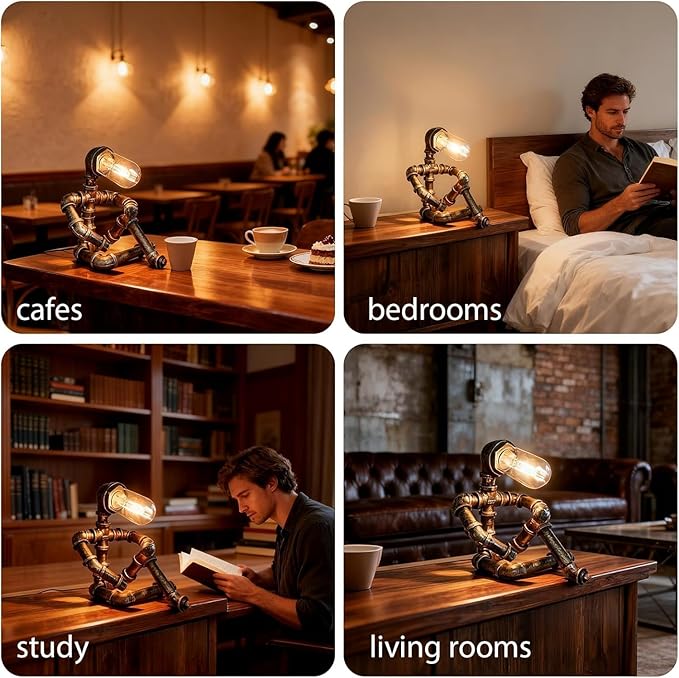 Steampunk Table Lamp, Industrial Water Pipe Lamp Retro Iron Piping Desk Lamp Vintage Nightstand Lamps for Bedroom Living Room Kitchen Café Dorm Pub