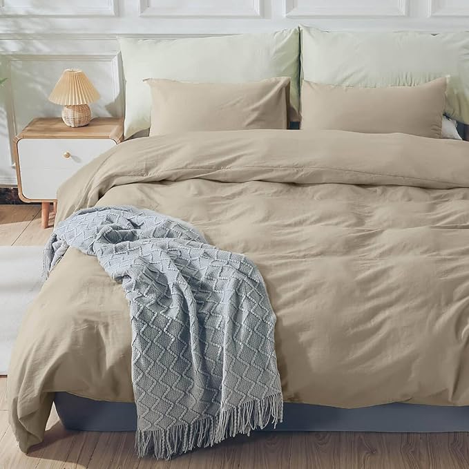 NEXHOME PRO Duvet Cover Set Kids Twin Size Linen Feel Textured Organic Natural 100% Washed Cotton Duvet Cover 2 Pieces Bedding Set with Zipper Closure & Corner Ties, Breathable (No Comforter) 68"x90"
