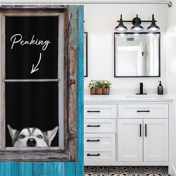 Funny Dog Shower Curtain Blue Rustic Farmhouse Wooden Country Lovely Animal Pet Pattern Duty Fabric Shower Curtains Set Bathroom Polyester Waterproof with 12 Hooks,72x72Inch（183x183cm）