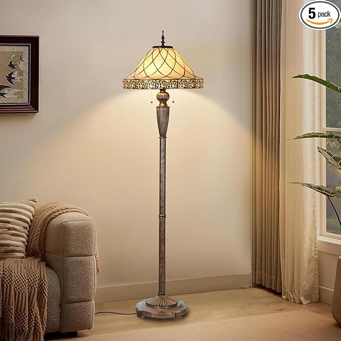 FL0002 Tiffany Floor Lamp Stained Glass Lampshade Beige-Like Color with Geometric Pattern, Warm Glow & Elegant Design, Antique Finished Lampbase, W 18 X H 62.5 Inches, LED Bulbs Included