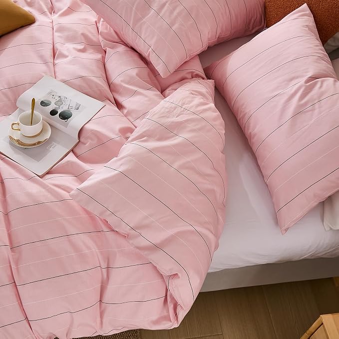 Merryword Pink Striped Duvet Cover Set King Size - 100% Cotton Bedding Set with Wide Zipper & 8 Corner Ties, Soft Breathable Bedding Set Elegant Pastel Comforter Cover for All Seasons