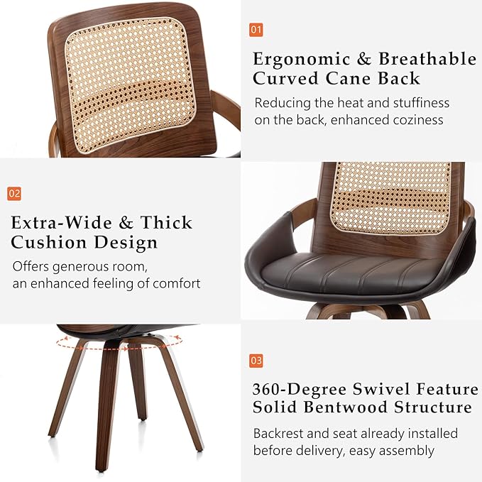 Set of 2 Mid Century Modern Chairs - Swivel Retro Walnut Dining Chairs with Ergonomic Cane Back, Curved Arms, Faux Leather Dining Chairs for Restaurant/Kitchen/Living Room (Walnut Brown)