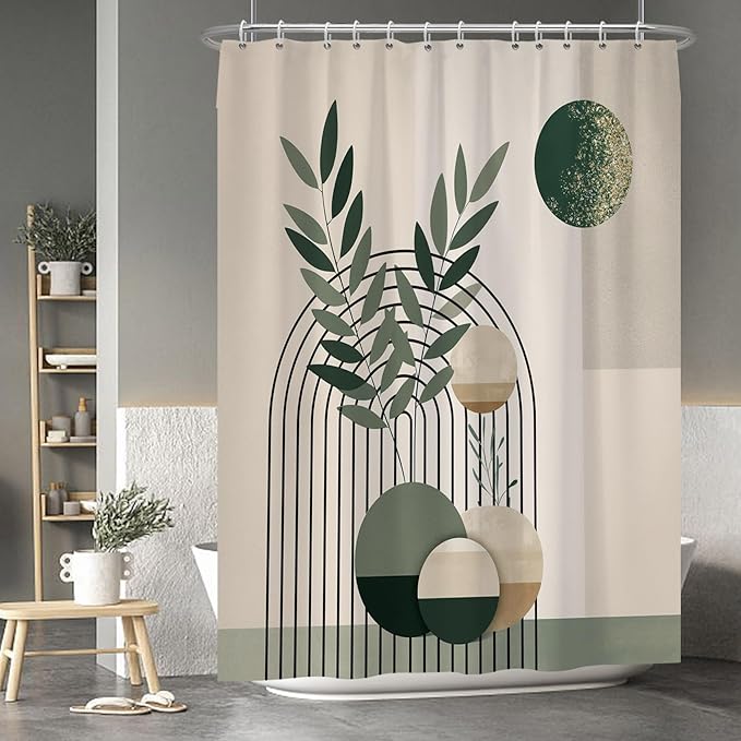 Baocicoo Mid Century Bohemia Green Moon Leaves Shower Curtain for Bathroom - Geometric Aesthetic Bathtub Decor - Polyester Durable Shower Curtain with Hooks - 72x96 Inches