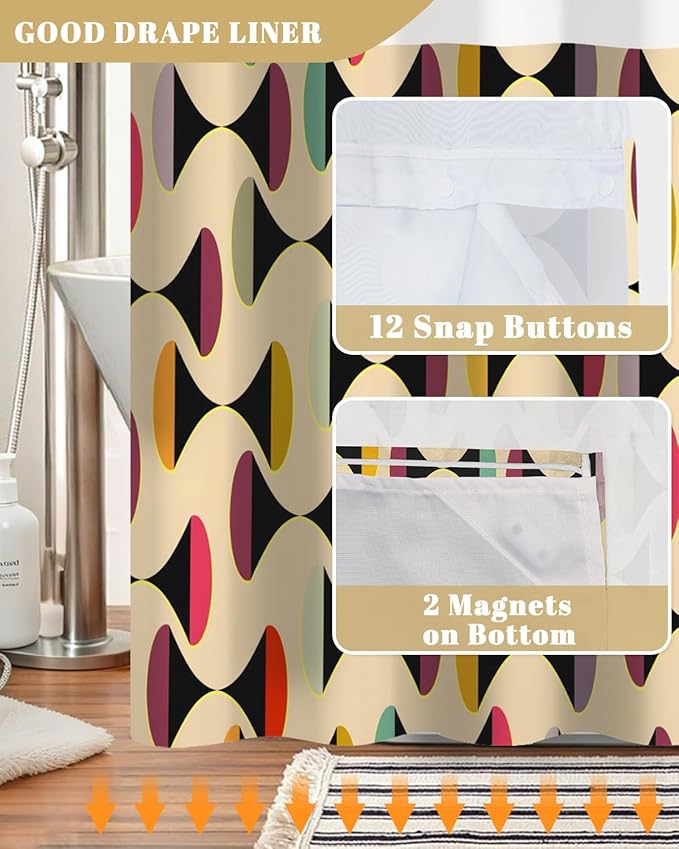 No Hook Shower Curtain with Snap in Liner Set, Mid Century Modern Geometric Abstract Print Shower Curtains for Bathroom, Waterproof Bath Tub Curtain with Mesh Top, 71W x 74H