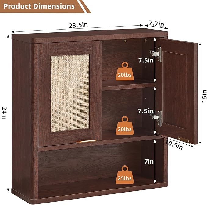 LEYAOYAO Rattan Bathroom Wall Cabinet, Boho Medicine Cabinet with Adjustable Shelf & Doors, Over The Toilet Storage Cabinets Organizer for Laundry Room, Kitchen, Living Room, Walnut