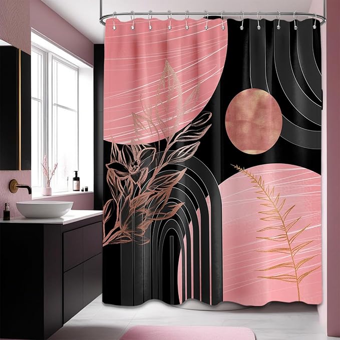 Black and Pink Shower Curtain Boho Mid Century Dark Pink and Gray Shower Curtains for Bathroom Decor, Waterproof Cloth Fabric with Hooks, 70" W x 72" L