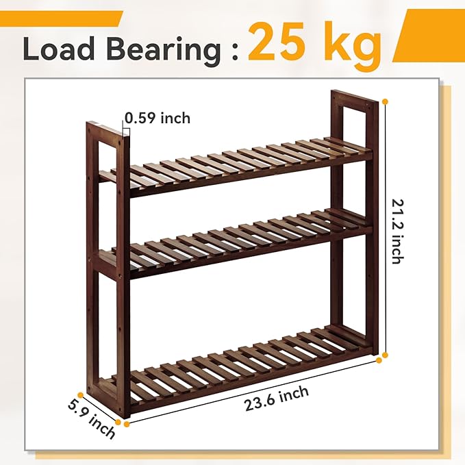 Wood Bathroom Shelf, 3-Tier Adjustable Shoes Rack&Plants Rack, Wall-Mounted or Stand for Living Room (Walnut)