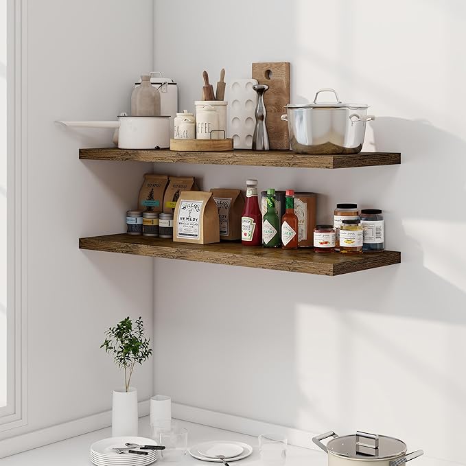 Dreamland 40" Floating Shelves for Wall, 12" Deep Slim Rustic Brown Floating Shelves, Wall-Mounted Shelves for Bedroom, Living Room, Kitchen, Bathroom - Set of 2
