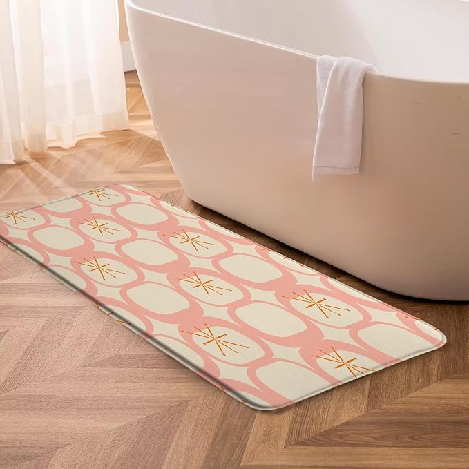 Mid Century Modern Bath Mat Abstract Atomic Geometric Retro 1950s Pink Bathroom Kitchen Toilet Rugs,18x48 Inch