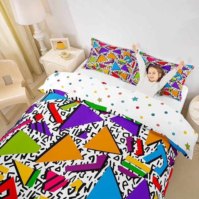 Retro 80s Style Bedding Set Twin,Abstract Geometric Pattern Duvet Cover Urban Modern Design with Circles and Triangle Comforter Cover Colorful Pop Art Inspired Pattern Quilt Cover for Boys Child
