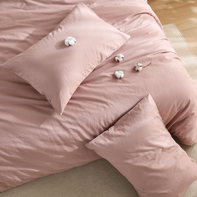 100% Washed Cotton Duvet Cover Queen Size – Red Pink, Linen-Like Texture, Super Soft & Breathable Bedding Set, 3-Piece Durable Percale Comforter Cover
