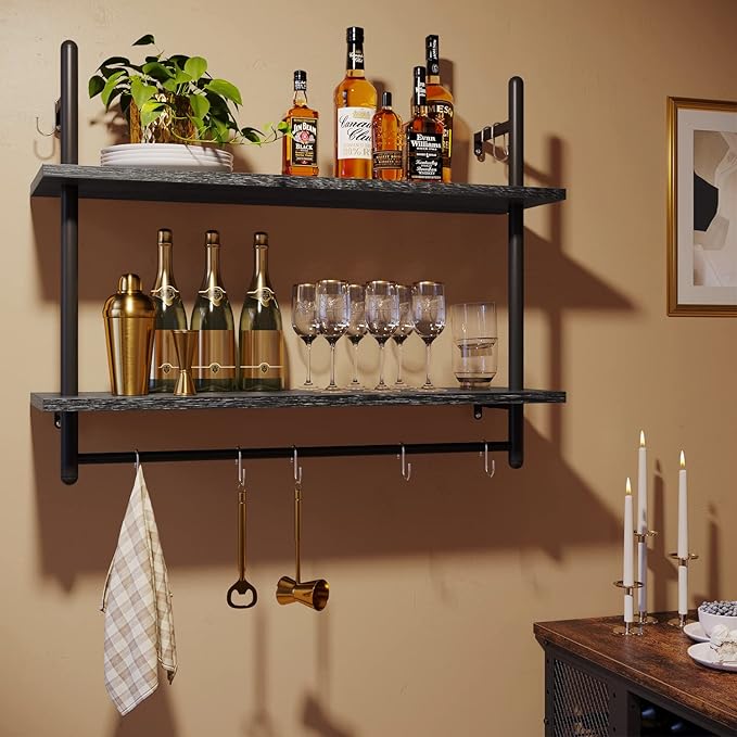 Bestier Pipe Shelf Industrial Floating Shelving 31" Kitchen Wall-Mounted Shelf Towel Bar Hooks Coffee Bar Shelves Wine Hanging Display Rack Bookshelf Living Room Decor Bathroom-Charcoal Black